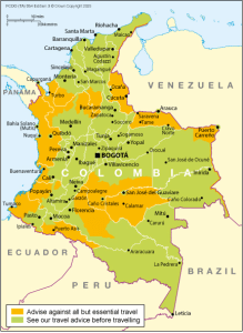 Colombia map from FCDO website advice on Colombia, late July 2025.